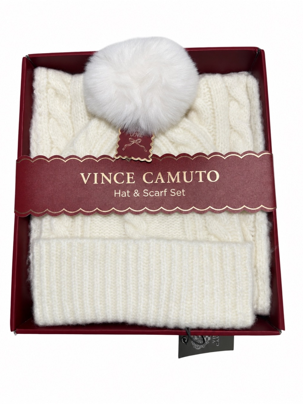 Vince Camuto Ivory Pom Beanie & Scarf Set - New in Original Box